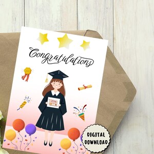 Tarjeta de felicitación de graduación: Linda chica graduada con diploma, globos y confeti. Tarjeta de graduación imprimible para ella.