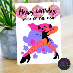 Tarjeta de cumpleaños digital: Reina de la noche, diseño único, tarjeta de cumpleaños para mujeres, ambiente de fiesta, celebración de cumpleaños, tarjeta personalizada