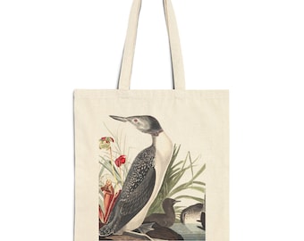 Elegant Loon Bird Canvas Tote Bag, Red-throated Loon Gift for Birdwatchers, JJ Audubon Bird Print Tote Bag, Song of the Loon Tote Bag