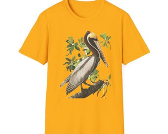 Pelican Paradise Softstyle T-Shirt - Beach Vibes, Nature Lover Tee Shirt, Audubon Bird Print T-Shirt, Brown Pelican Eco-Friendly Apparel