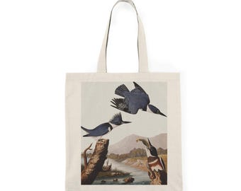 Kingfisher Canvas Tote Bag, Audubon Bird Print Tote Bag, Eco-Friendly Shopping Bag, Reusable Grocery Tote, Belted Kingfisher Tote Bag
