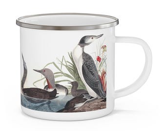 Tazza da campeggio smaltata con motivo a strolaga vintage, tazza da viaggio con strolaga dal collare rosso, tazza da esterno con stampa di uccelli Audubon, decorazione rustica per cucina