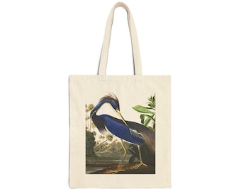 Beautiful Heron Illustration Cotton Canvas Tote Bag, Louisiana Heron Canvas Tote Bag, Heron in Swamp Tote Bag, Audubon Heron Print Tote Bag