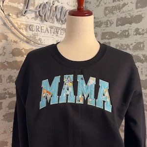 Blue Dog Cartoon Character Mama Embroidered  Sweatshirt