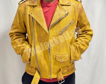 Sheepskin Motorbike Leather Jacket, Yellow Blue Racer Style with Stand Collar, Lightweight & Elegant, Gift for Men
