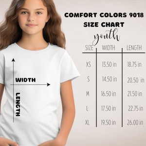 May include: White t-shirt with a size chart for youth sizes. The chart lists sizes XS to XL, with corresponding width and length measurements in inches. The text "COMFORT COLORS 9018" is at the top.