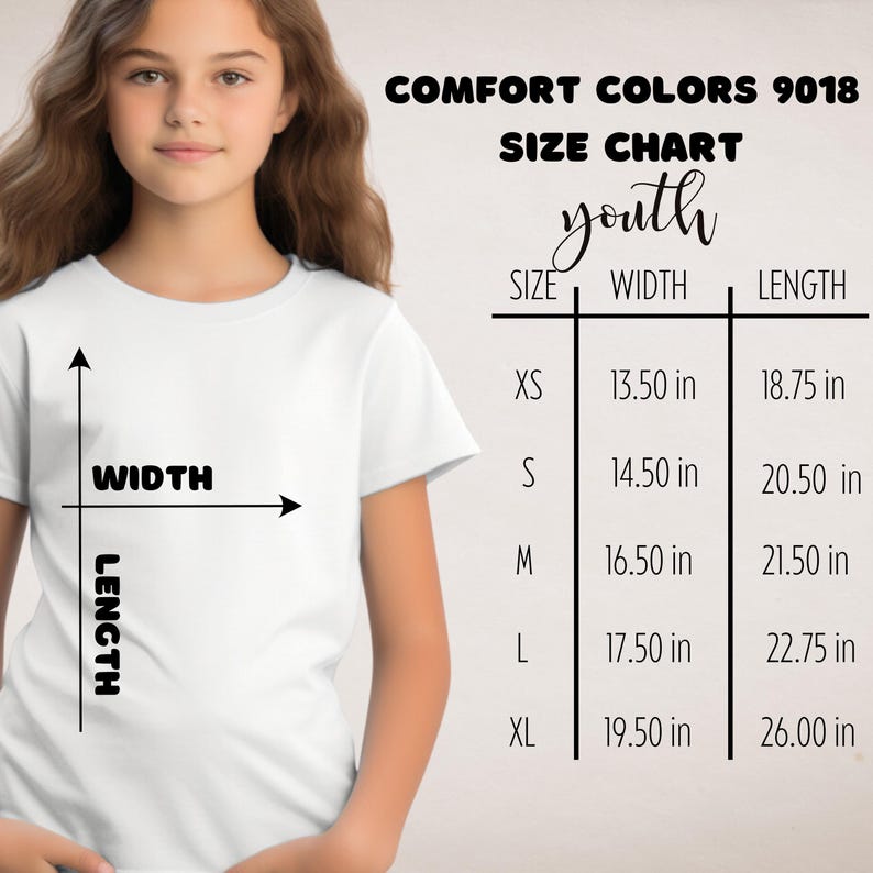 May include: White t-shirt with a size chart for youth sizes. The chart lists sizes XS to XL, with corresponding width and length measurements in inches. The text "COMFORT COLORS 9018" is at the top.