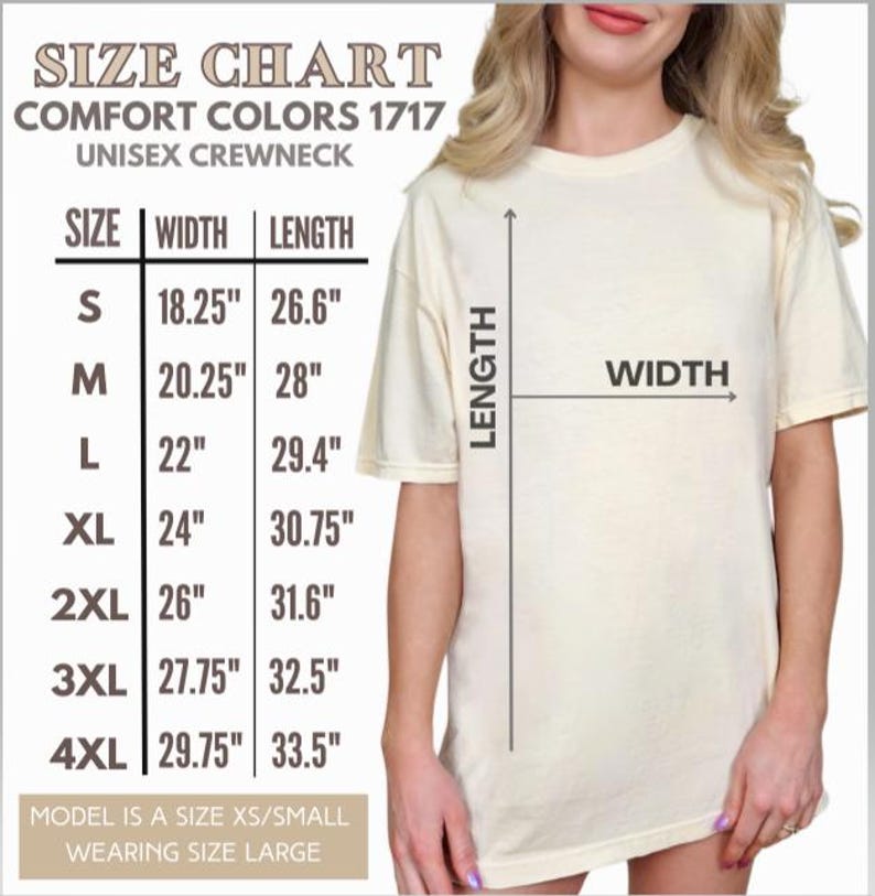 May include: Cream-colored unisex crewneck t-shirt with a size chart. The chart displays measurements in inches for sizes S to 4XL, including width and length. The model is wearing a size large.