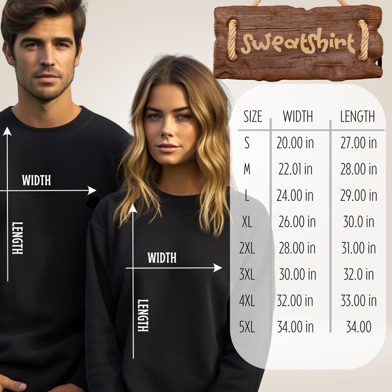 Puede incluir: Dos personas con sudaderas negras. Un letrero de madera arriba dice "Sweatshirt". Una tabla de tallas muestra medidas en cm: ancho de 50.8 cm a 86.36 cm y largo de 68.58 cm a 86.36 cm.