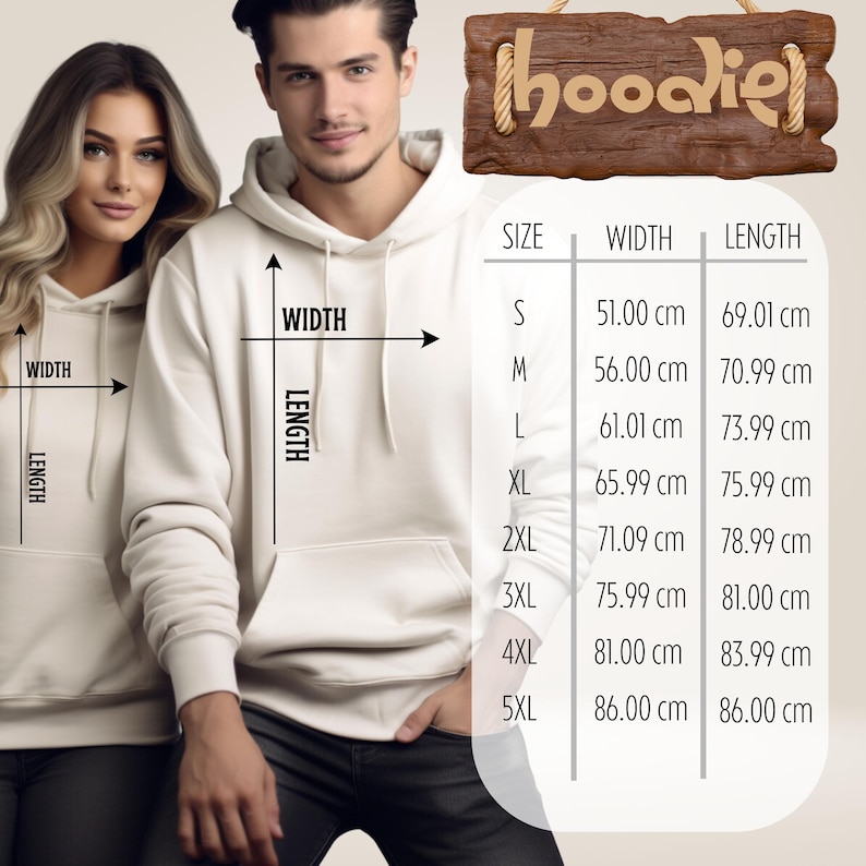 Puede incluir: Dos personas con sudaderas con capucha color crema con bolsillo delantero y capucha con cord&oacute;n. Un letrero de madera arriba dice "hoodie". Una tabla de tallas muestra medidas en cent&iacute;metros de S a 5XL.