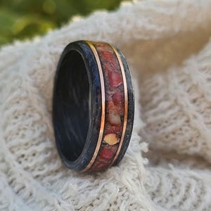 35th Anniversary Gift for Husband | Red Coral Ring, Ocean Inspired Bentwood Ring