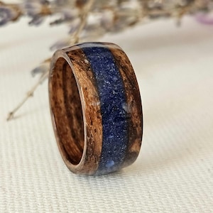 Olive Wood Ring with Lapis Lazuli Inlay - Natural Wooden Jewelry for Him and Her