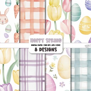 Papier de printemps Lapin de Pâques | Papier numérique Carottes de Pâques | Paquet de papier de scrapbooking Tulip Spring | Fonds d'aquarelle | Carnet de voyage à carreaux