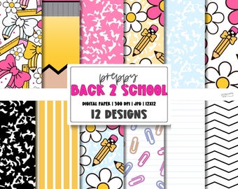 Escuela rosa / Patrón sin costuras para la vuelta al cole / Papel de lápiz rosa femenino / Papel de lazos kawaii / Papel para álbumes de recortes / Lindos patrones de papel digital