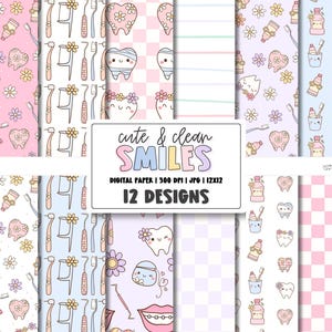 Papel con temática dental dulce / Papel de apreciación dental / Patrón de enfermera / Patrón de repetición sin costuras de dentista / Fondos de dientes dentales pastel