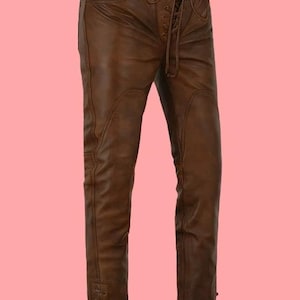 Mens Real Leather Pants Brown Wax Vintage Cowboy Leather Trouser Bikers Motorcycle Style Jeans, Personalized Best Birthday Gift For Him