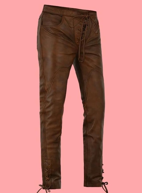 Mens Brown Waxed Leather Pants: Vintage Cowboy Biker Trousers