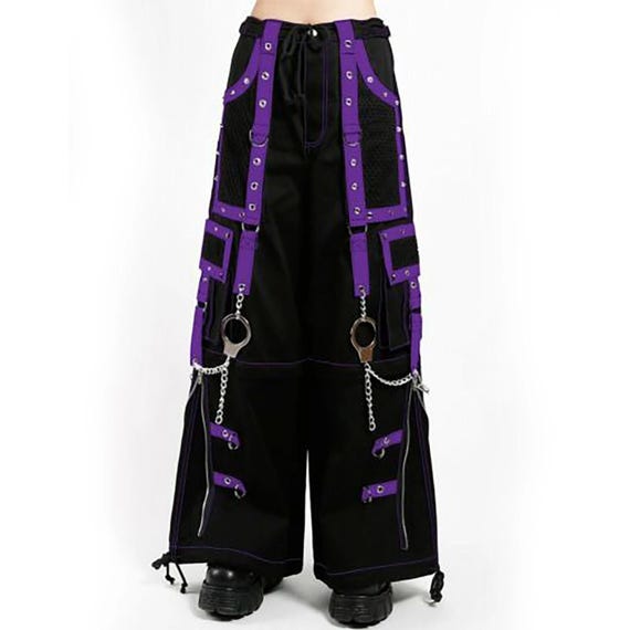 Unisex Black Tripp Pants With Purple Straps – Gothic Punk Baggy