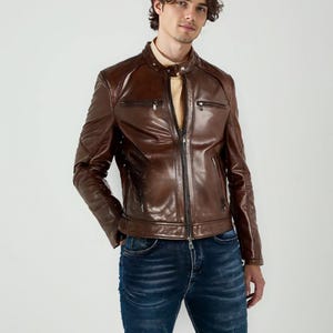 Mens Vintage Cafe Racer BROWN Real Leather Casual SLIM FIT Bikers Motorcycle Style Jacket Genuine Leather Jacket Best Birthday Gift For Him