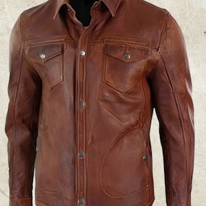 Real Leather Shirts For Mens Brown Finest Hand Crafted Original Sheepskin Motorcycle Bikers Style Bluff Gay Shirt/Jacket Best Gift For Him