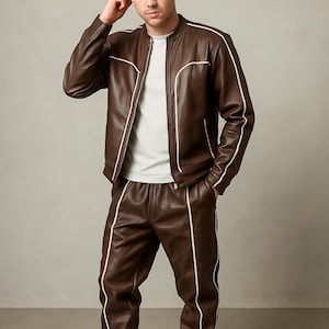 Handmade Mens Leather Tracksuit: Brown Jogging Sweatsuit with White Stripe