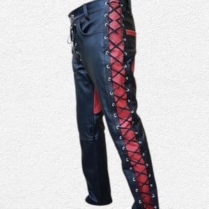 Men&#39;s Real Cowhide Leather Lace-Up Pants | Red Trim Biker Leather Trousers | Handmade Rocker Punk Festival Style | Gothic Fit SIZES