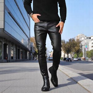 Mens Real Leather Pants Jeans Style Bikers Motorcycle Trousers Genuine Sheep Skin Handmade Slim-Fitting Customized Pant Size Gift For Him