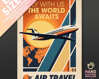Vintage Airline Travel Poster | Fly With Us Aviation Art | Retro Airplane Wall Decor | Mid Century Travel Print