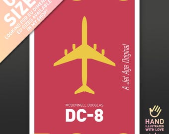 May include: A red and yellow art print featuring a yellow airplane silhouette. The print includes the text "A Jet Age Original" and "McDonnell Douglas DC-8". The top left corner has the text "US SIZES" and "LOOKING FOR EU DIMENSIONS? EU SIZES AVAILABLE IN MY SHOP!"