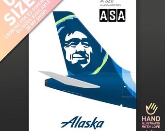 A320 Alaska Airlines Tailfin Poster (US - Sizes) | Minimalist Airline Art | Modern Aviation Wall Decor | Airplane Illustration