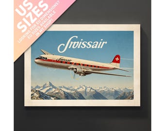 Affiche vintage Swissair Aviation – Illustration d'avion dans les Alpes suisses