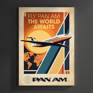 Pôster de viagem vintage da Pan Am – Arte de parede retrô de companhias aéreas (tamanhos da UE) | Decoração de aviação dos anos 1970