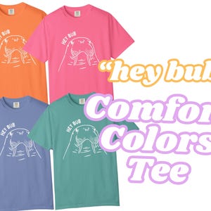 May include: Four short-sleeved t-shirts in orange, pink, blue, and teal. Each shirt features a white graphic of a walrus with the text "HEY BUB" above it. The words "hey bub", "Comfort Colors Tee" are also visible.