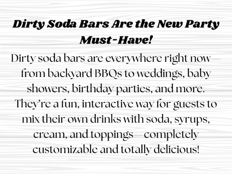 Puede incluir: Texto sobre un fondo blanco: "Dirty Soda Bars Are the New Party Must-Have!". Descripci&oacute;n de los bares de soda sucios como una forma divertida e interactiva de mezclar bebidas con refrescos, siropes, crema y aderezos.