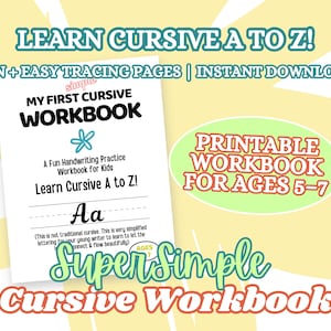 Learn Cursive Workbook for Kids Ages 5-7 Printable Tracing Pages A to Z Simple Beginner Handwriting Practice Homeschool PDF