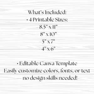 Puede incluir: Texto blanco sobre fondo de vetas de madera que enumera el contenido de un producto digital. Incluye 4 tama&ntilde;os imprimibles: 21,6 x 27,9 cm, 20,3 x 25,4 cm, 12,7 x 17,8 cm y 10,2 x 15,2 cm. Tambi&eacute;n menciona una plantilla de Canva editable.