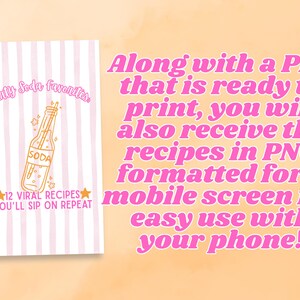 May include: A pink and white striped digital download cover with a cartoon illustration of a soda bottle with the text "Pretty Soda Favorites" and "12 Viral Recipes You'll Sip On Repeat".