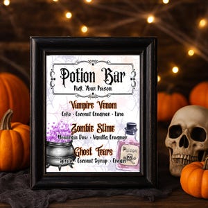 May include: A framed sign for a Halloween "Potion Bar", with drink recipes like "Vampire Venom" and "Zombie Slime". The sign is set against a backdrop of pumpkins and a skull, creating a spooky atmosphere.