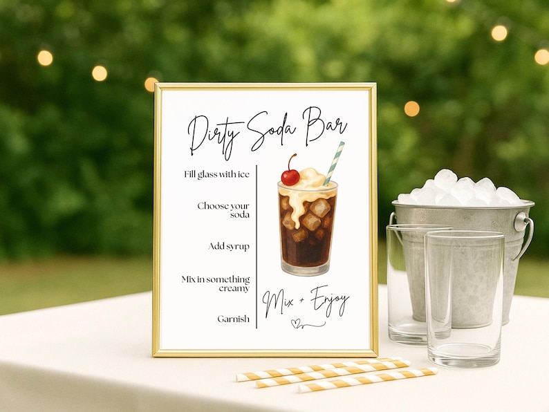Dirty Soda Bar Sign Printable + Editable Template | 4 Sizes | Canva Party Sign | Soda Bar Instructions | Summer BBQ Wedding Shower Decor
