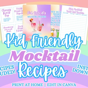 May include: A colourful mocktail recipe set with the text "Kid Friendly Mocktail Recipes". The image includes recipe cards with drink names like "Cherry Bomb Pop" and "Strawberry Lemonade Slush". The set includes 12 recipes.