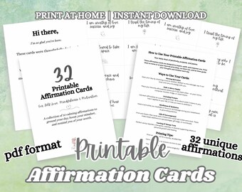 May include: A printable affirmation card set with 32 unique affirmations for self-love, mindfulness, and motivation. The cards are in a PDF format and can be printed at home. The text on the cards includes phrases like "I am worthy of love, success and joy" and "I trust the timing of my life".