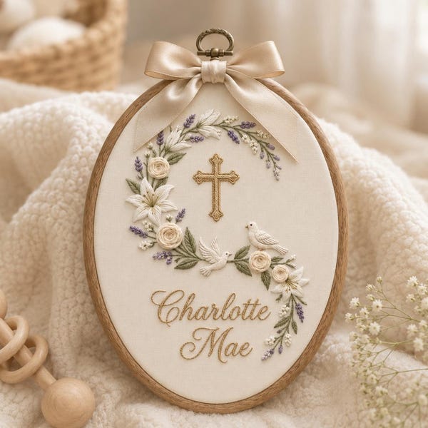 Personalized Baptism Embroidery Hoop, Custom Baby Name Christening Gift, Floral Cross Dove Nursery Keepsake