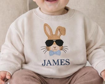 Embroidered Bunny Boy Toddler Sweatshirt With Custom Name, Sunglasses Bunny Crewneck, Easter Boy Toddler Shirt