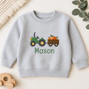 Personalized Pumpkin Tractor Toddler Sweatshirt, Custom Name Embroidered Fall Farm Crewneck, Pumpkin Patch Outfit