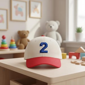 May include: A white baseball cap with a red brim and a navy blue number 2. The cap is sitting on a light-colored wooden table. The background includes toys and framed pictures.