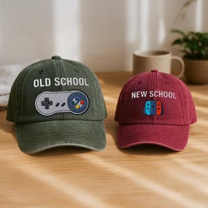 Old School New School Embroidered Hat Set, Gamer Dad and Kid Hat, Matching Retro Gaming Baseball Cap, Gift for Family, Father’s Day