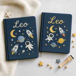 Outer Space Embroidered Notebook, Personalized Astronaut and Rocket Journal with Custom Name, Galaxy Gift for Kids & Writers