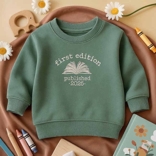 刺繍入り初版ベビースウェットシャツ、カスタム出版シャツ、ベビーシャワーギフト、司書向けベビーギフト、リトルブッククラブ