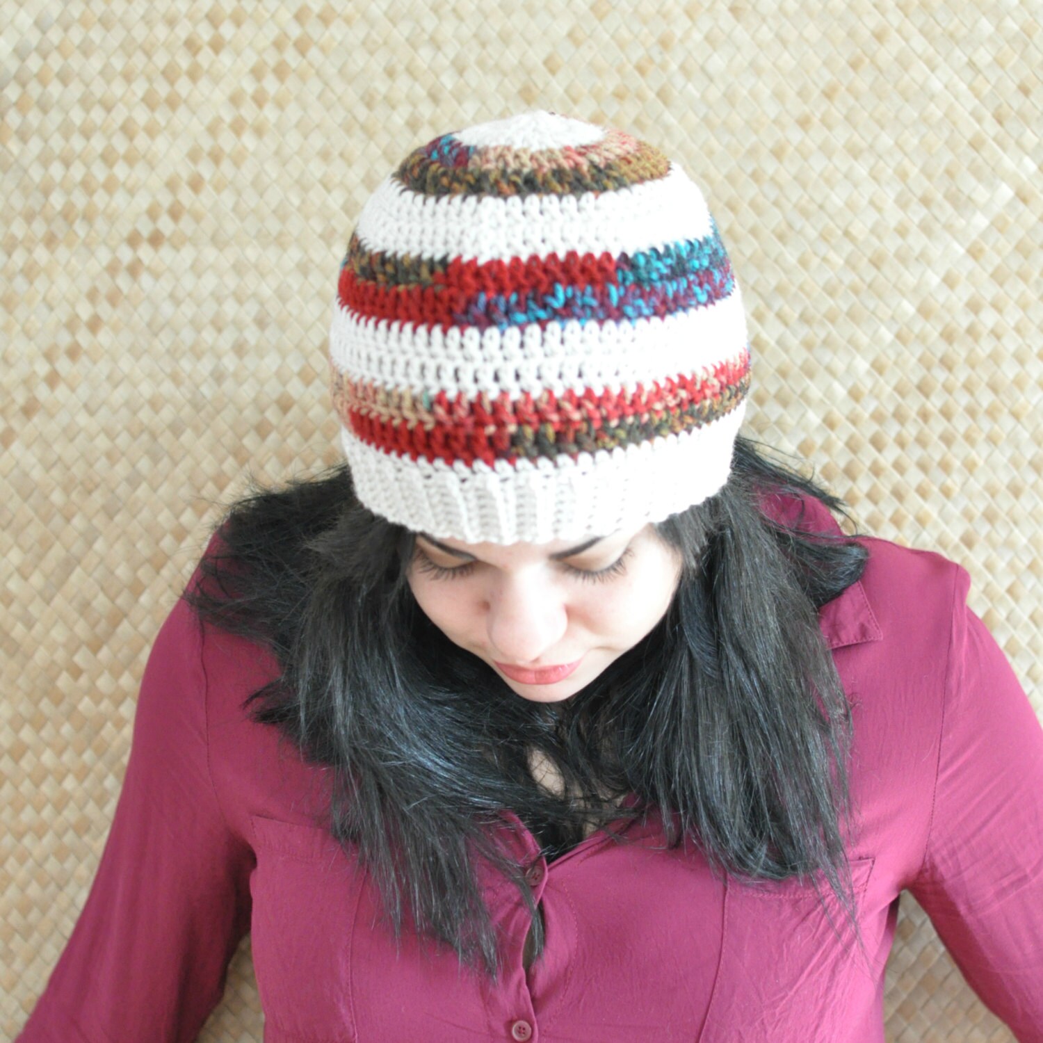 Handmade Crochet Skull Cap Beanie – White With Black Stripe – Stretch Fit, Men's One Size