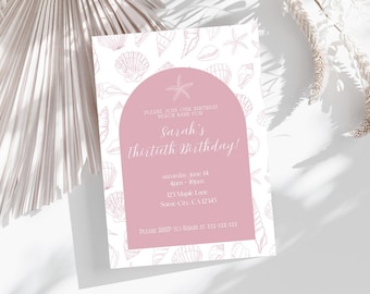 Modello di invito di compleanno con conchiglia rosa antico: Canva modificabile (download digitale 5 x 7 pollici)
